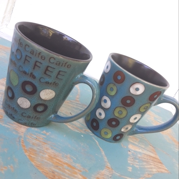 Vintage Mugs Coffee Cups Ceramic Teal Green Set of 2 Donuts Cheerios VTG - Picture 9 of 10